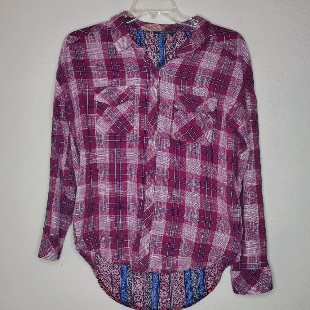 Miss Me Button Up Plaid Top Large Red Floral Long Sleeve Flip Cuff